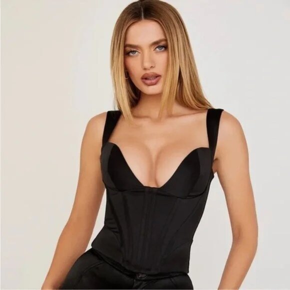 House of CB Tops - HOUSE OF CB Liberty Black Plunge-Neck Satin Corset Top - Size Large